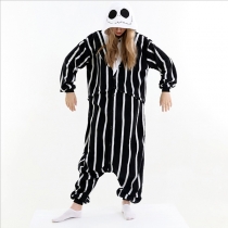Fashion Vertical Striped Skull Hooded Plush Pajamas Jumpsuit