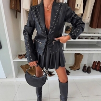 Women's Black Faux Leather Jacket with Lace-Up Detail