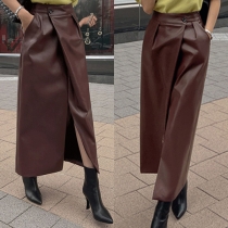 Fashion Solid Color High-rise Side Slit Artificial Leather PU Skirt