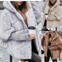 Fashion Quilted Plush Spliced Cotton Ribbed Long Sleeve Hooded Coat for Women