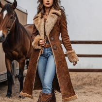 Vintage Notch Lapel Long Sleeve Plushed Lined Suede Longline Coat