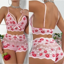 Cute Lip Heart Embroidery Bowknot Two-piece Lingerie Set