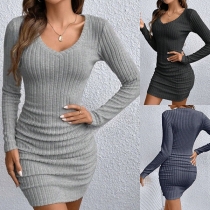 Fashion Solid Color V-neck Long Sleeve Ribbed Bodycon Dress
