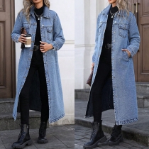 Fashion Stand Collar Long Sleeve Patch Chest Pockets Longline Denim Jacket