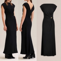Solid Color Simple Atmospheric Pleated Button Embellished Long Dress