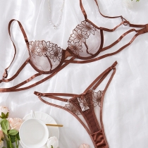 Fresh Style Floral Embroidered Semi-through Two-piece Lingerie Set