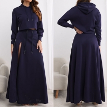 Fashion Two-piece Set Consist of Crop Hooded Sweatshirt and Slit Maxi Skirt