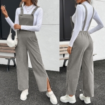 Vintage Square Neck Patch Pockets Side Slit Corduroy Adjustable Suspender Pants