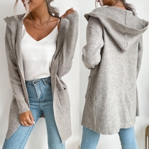 Casual Solid Color Long Sleeve Patch Pockets Knitted Hooded Cardigan