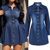 Fashion Stand Collar Long Sleeve Front Button Cinch-waist Old-washed Denim Dress