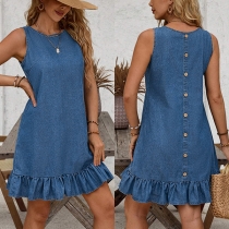 Fashion Crew Neck Sleeveless Back Button Ruffle Hemline Denim Dress