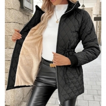 Fashion Stand Collar Long Sleeve Drawstring Waist Plushed Lined Quilted Jacket