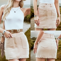 Fashion High-rise Patch Pockets Frayed Hemline Mini Skirt