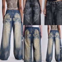 Street Fashion Back Wing Pattern Rivet Old-washed Loose Denim Jeans