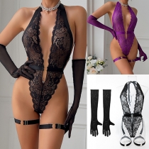 Sexy Plunge V-neck Halter-neck Leg-ring Lace Lingerie Bodysuit with Gloves