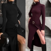 Fashion Turtleneck Long Sleeve Metal Buckle Ruched Front Slit Bodycon Dress