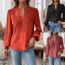 Fashion Lace Spliced V-neck Swiss-dot Long Sleeve Shirt