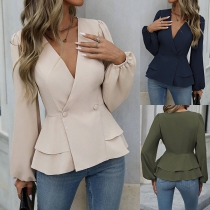 Elegant V-neck Long Sleeve Double-breast Cinch Waist Ruffle Hemline Shirt