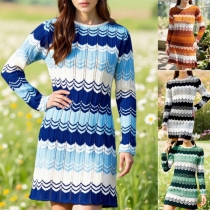 Fashion Contrast Color Wave Pattern Crew Neck Long Sleeve Knitted Sweater Dress