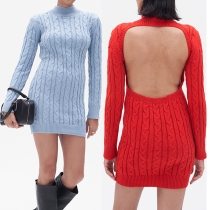 Fashion Mock Neck Long Sleeve Cable Pattern Backless Knitted Sweater Dress
