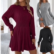 Fashion Crew Neck Long Sleeve High-rise Cable Knitted A-line Sweater Dress