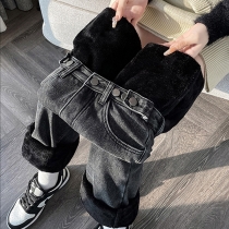 Fashion High-rise Plushed Lined Denim Jeans（size runs small,Consider sizing up for best comfort）