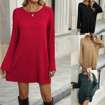 Casual Crew Neck Long Sleeve Mini Sweater Dress