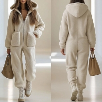 Fashion Front Zipper Patch Pockets Long Sleeve Plush Jumpsuit