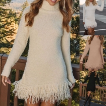 Fashion Turtleneck Long Sleeve Tassle Hemline Bodycon Sweater Dress