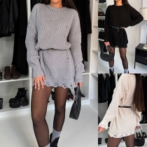 Street Fashion Crew Neck Long Sleeve Frayed Hemline Knitted Sweater