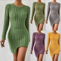 Fashion Solid Color Crew Neck Long Sleeve Cable Pattern Knitted Sweater Dress