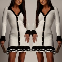 Fashion Contrast Color Stand Collar Front Button Ruffle Hemline Ribbed Dress