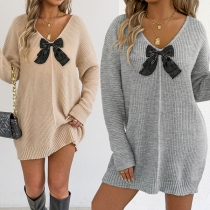 Fashion V-neck Long Sleeve Front Bowknot Knitted Sweater Dress