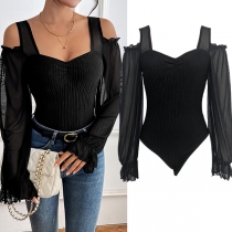 Fashion Open-shoulder Long Sleeve Ribbed Bodysuit