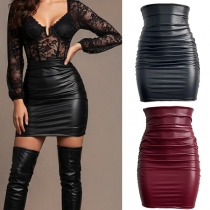 Fashion Solid Color High-rise Ruched Artificial Leather PU Slim-fit Skirt