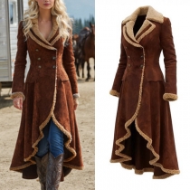 Vintage Notched Lapel Double-breasted Irregular Hemline Plush Lined Suede Jacket