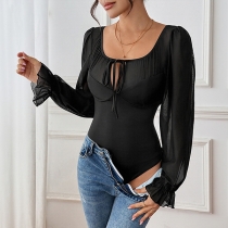 Sexy Self-tie Square Neck Front Cutout Gauze Spliced Long Sleeve Black Bodysuit