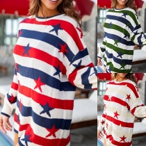 Fashion Contrast Color Stripe Printed Star Printed Crew Neck Long Sleeve Sweater
