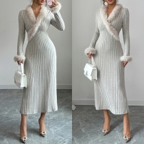Fashion Plush Spliced V-neck Long Sleeve Ribbed Midi Dress