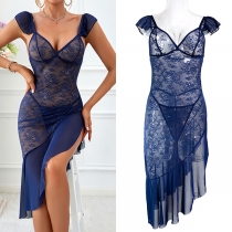 Fashion V-neck Sleeveless Lace Spliced Ruffle Irregular Hemline Nightwear Dress