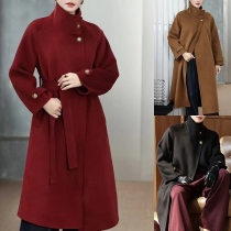Elegant Button Stand Collar Long Sleeve Longline Wool Blend Coat
