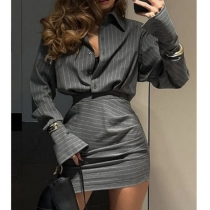 Fashion Stripe Printed Two-piece Set Consist of Blouse and Mini-skirt