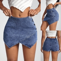 Fashion Mid-rise Irregular Hemline Side Button Old-washed Denim Skorts