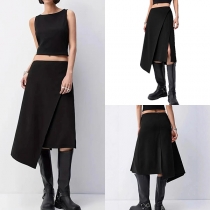 Fashion Solid Color High-rise Irregular Hemline Side Slit Skirt