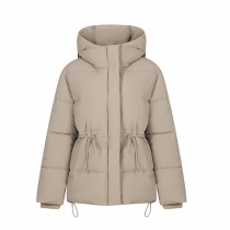 Fashion Solid Color Long Sleeve Front Zipper Drawstring Waist Hooded Quilted Coat