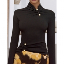 Fashion Mock Neck Long Sleeve Black Shirt with Metal Brooch