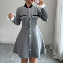 Vintage Contrast Color Stand Collar Long Sleeve Front Button Mini Dress