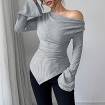 Fashion Solid Color Draped Neckline Long Sleeve Ribbed Shirt