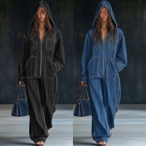 Fashion Patch Pockets Long Sleeve Front Zipper Hooded Loose Denim Jumpsuit