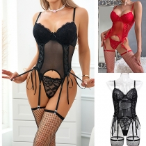 Fashion Lace Spliced Gauze V-neck Lace-up Two-piece Lingerie Set
